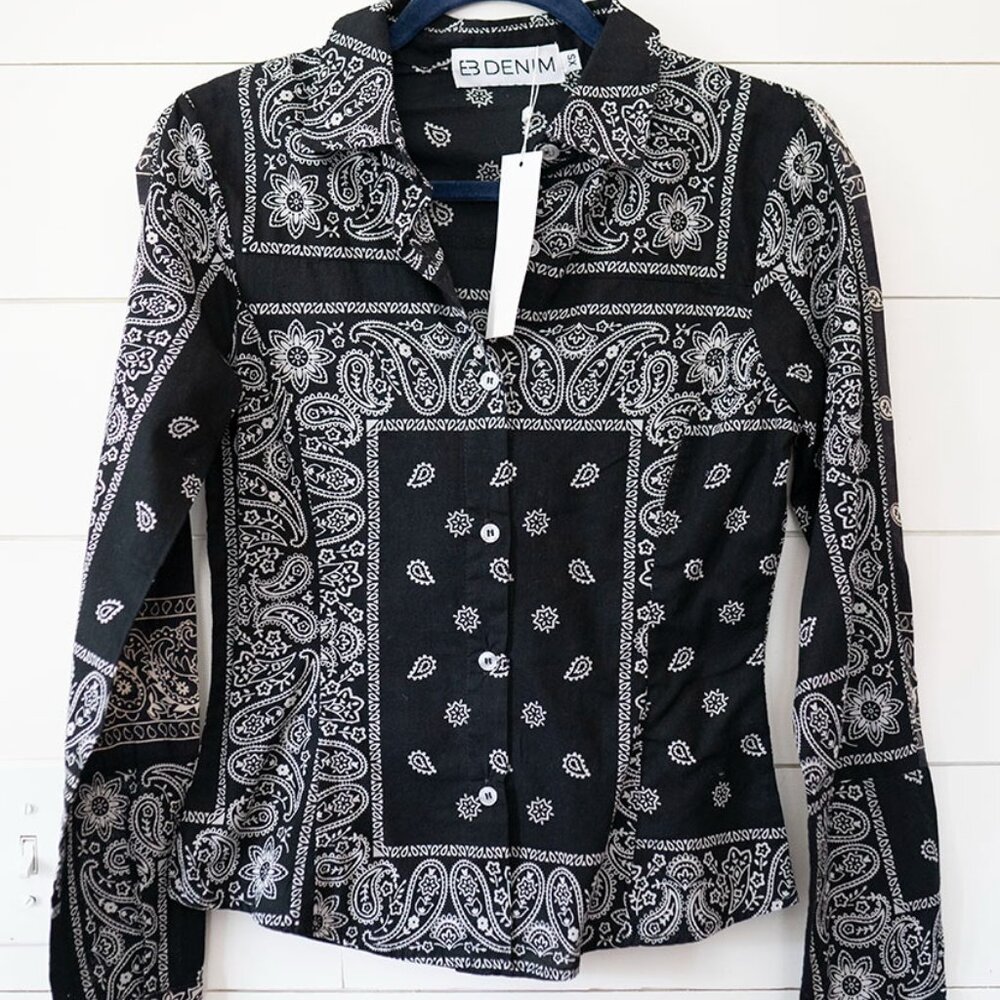 EB Denim Rare Bandana Shirt Black Cotton Size XS Long Sleeve Top NWT $350 New